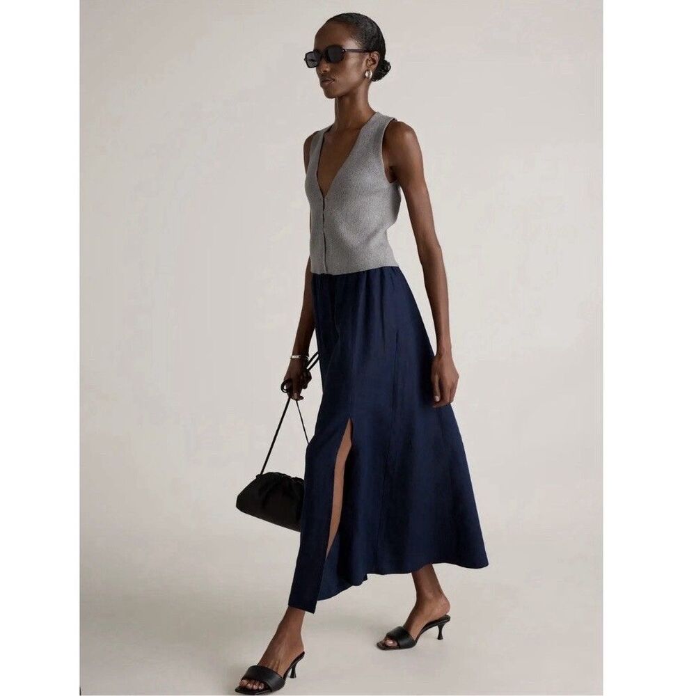 Quince 100% European Linen Maxi Skirt Deep Navy XS Side Slit Pockets Coastal - Picture 6 of 13
